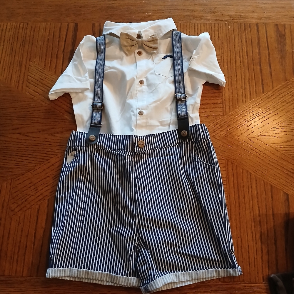 New!! Kids Blue and White Striped Suspender Outfit
